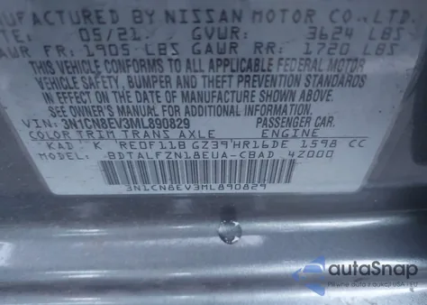 2021 Nissan Versa Sv Xtronic Cvt z USA, uszkodzony, nr VIN 3N1CN8EV3ML890829